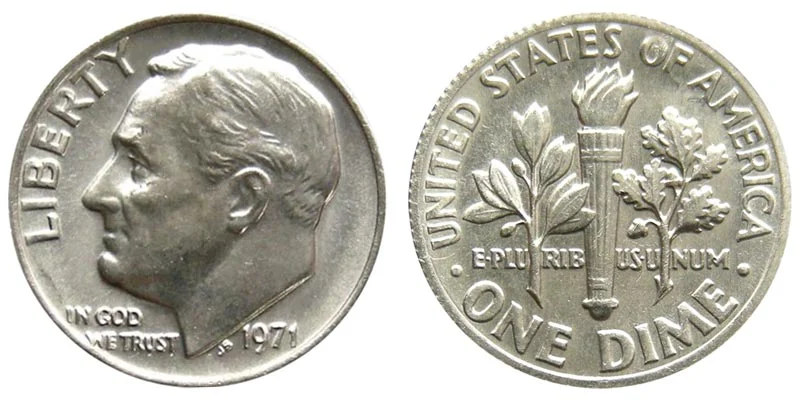 1971 Roosevelt dime obverse and reverse showing Full Bands torch detail