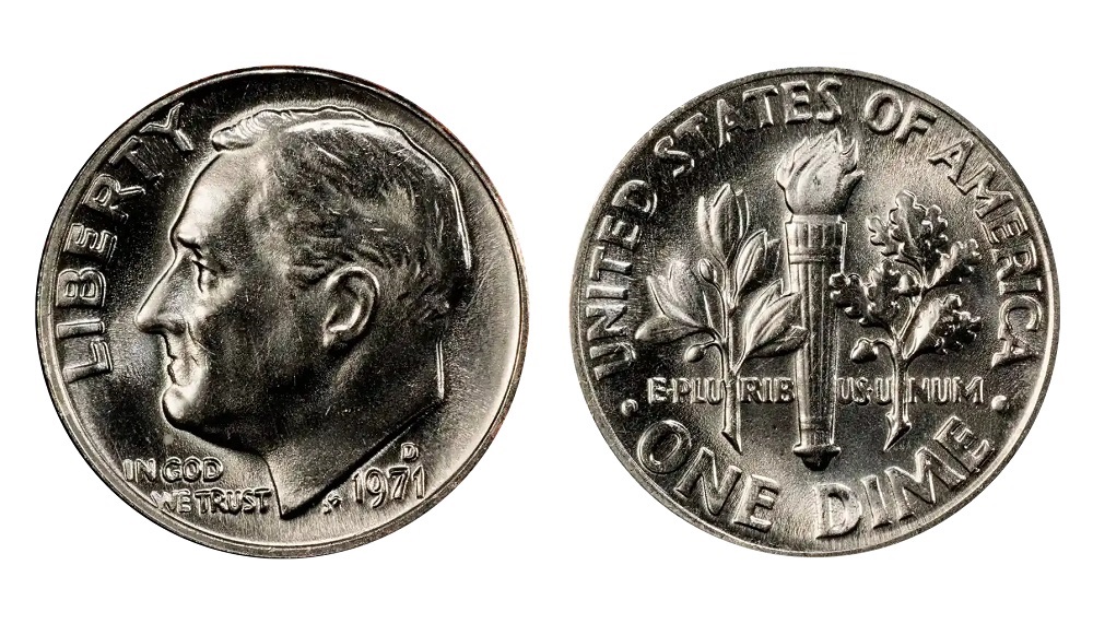 Side-by-side comparison of 1971 dime weak bands (common) vs Full Bands designation (rare)