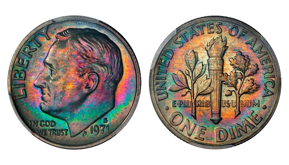 1971 dime Full Bands designation — macro close-up of torch showing complete band separation