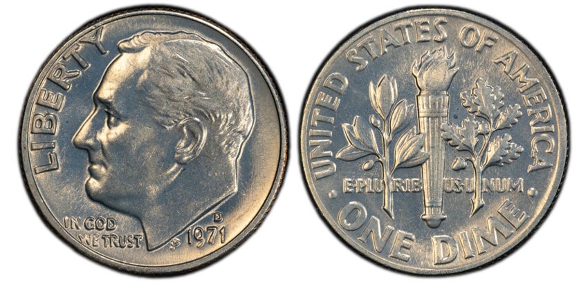1971-D dime Repunched Mintmark FS-501 — close-up of the D mint mark showing secondary impression