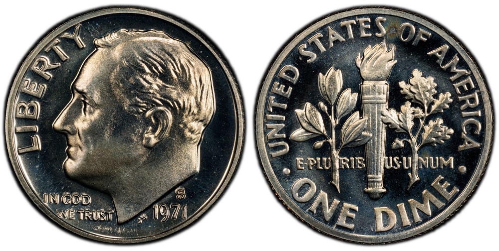 1971 Roosevelt dime grading strip showing four condition tiers from Worn through Gem Uncirculated
